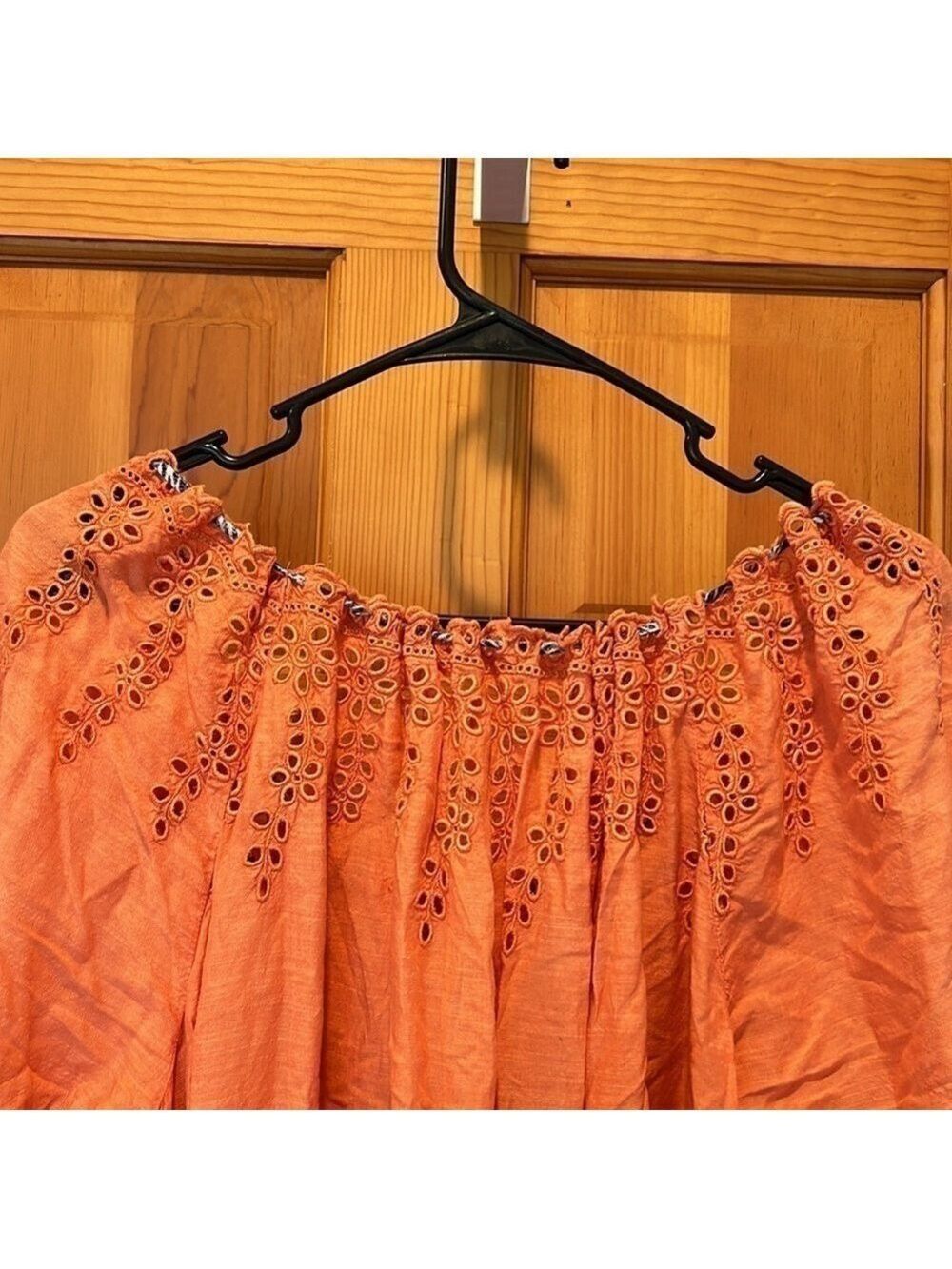 Free People Peach/Orange Short Puff Sleeve Eyelet Button-Up Tunic Top Size XS - Picture 7 of 8
